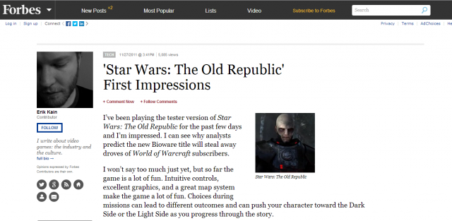 A picture of the Forbes website's first impressions of Star Wars The Old Republic